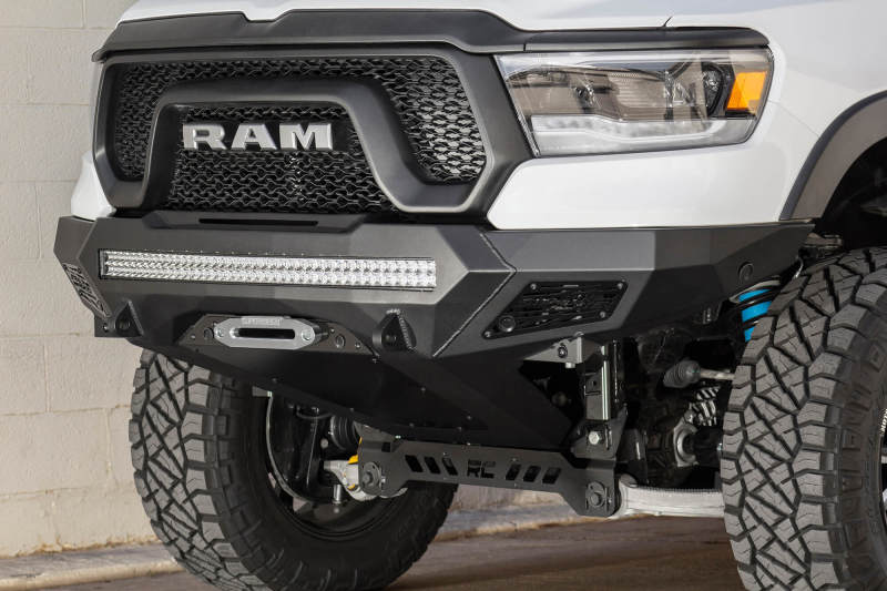 Ram Rebel 1500 Bumper - Front - Addictive Desert Designs - Stealth Fighter - Hammer Black with Satin Black panels - `19-`27 Ram Rebel 1500 Bumper - Front - Addictive Desert Designs - Stealth Fighter - Hammer Black with Satin Black panels - `19-`27